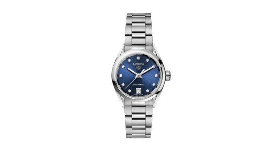 a silver watch with a blue dial and diamond indices