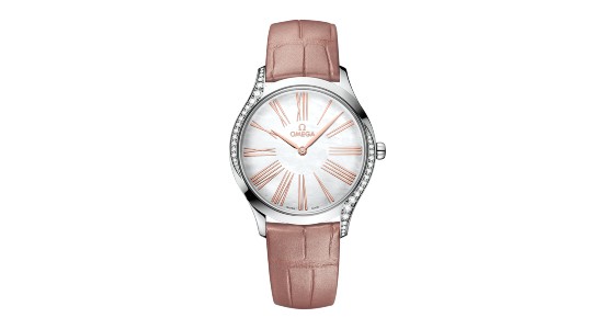 a silver watch with rose gold accents and a diamond studded case and bezel