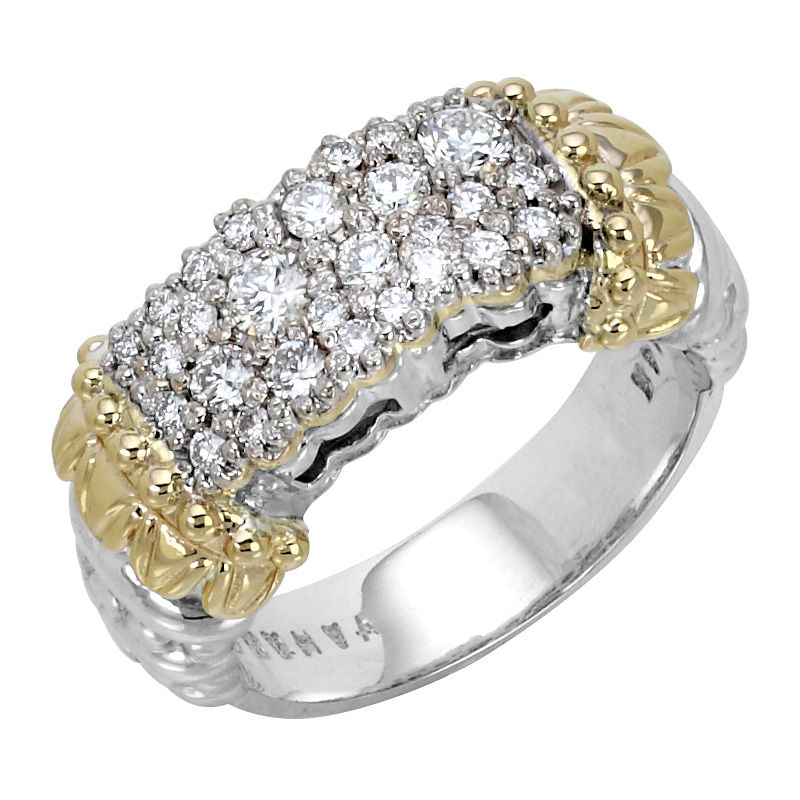 A white and yellow gold diamond fashion ring with sterling silver band