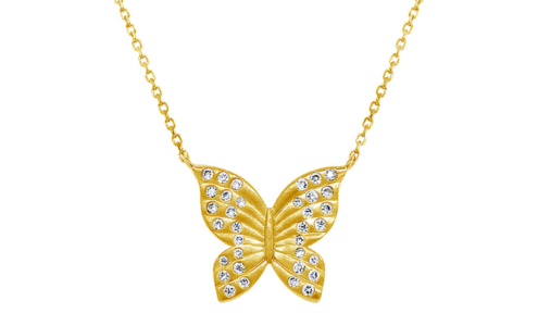 A delicate and whimsical gold pendant necklace with a butterfly motif, available at Bob Richards Jewelers.