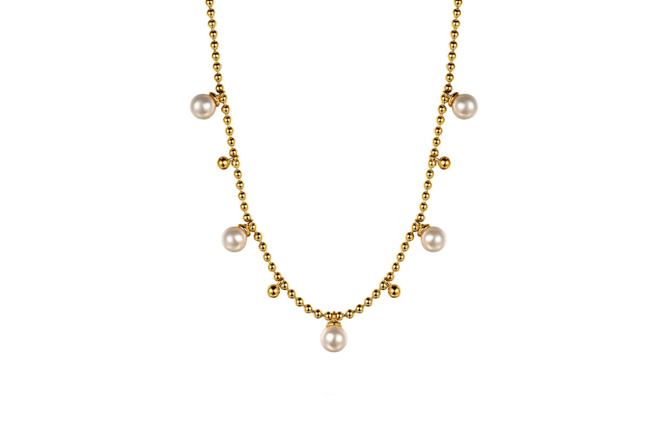 An image of the yellow gold pearl station necklace