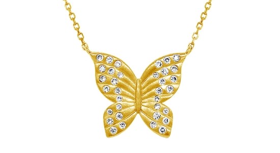 a yellow gold butterfly pendant necklace with diamond accents