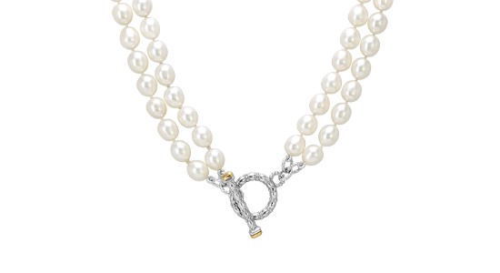 a double-stranded pearl necklace with a mixed metal clasp