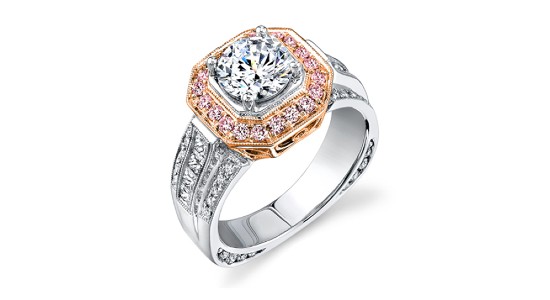 a mixed metal engagement ring by Simon G. featuring pink accent stones