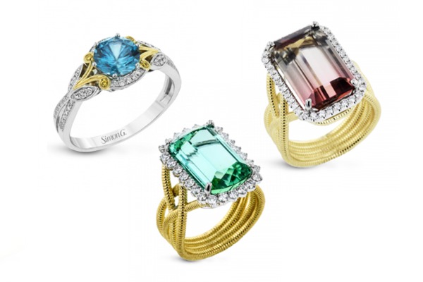Three engagement ring in different settings, center stones and metal